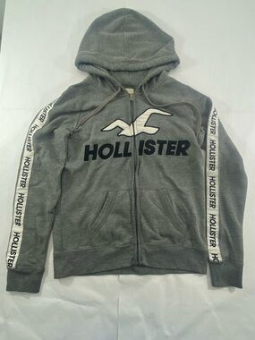 Hollister Full Zip-Up Hoodie with Logo Stripes Gray & White Men’s Size: M